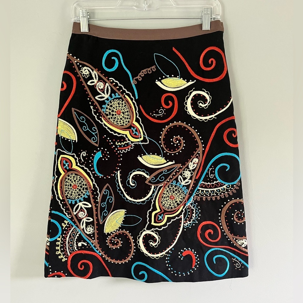 Boden Black A-Line Skirt with Colorful Embroidery